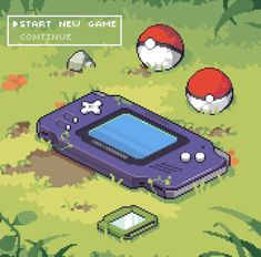 an old game console sitting on top of a lush green field next to two mushrooms