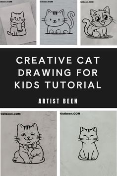 Creative cat drawings for kids tutorial featuring five adorable cat illustrations. Fun Ideas For Kids