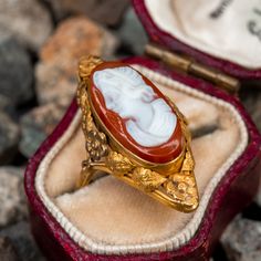 This vintage north-to-south cameo ring features a bezel set hard stone cameo with an elongated floral bezel. The ring is crafted in 14k yellow gold and has been re-shanked with 10k yellow gold. The ring also features a high carat gold wash with natural patina. Vintage 14k Gold Cameo Rings, Antique Cameo Ring Collectible, Vintage Oval Cameo Ring, Collectible 14k Gold Cameo Rings, Cameo 14k Gold Rings For Collectors, Vintage Cameo Signet Ring, Victorian Gold Cameo Rings, Vintage Cameo Rings For Wedding, 14k Gold Cameo Rings For Collectors