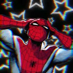 a spider man with his hands on his head and eyes closed, in front of an abstract background