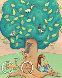 This is a print of an original acrylic painting on wood. The wood grain can be easily seen and adds a lot of texture and interest to the piece. This piece was inspired by my daughter and her love of books, cats, bikes, trees and imagination. This print would go well in a child's bedroom, a teen's bedroom, a library, a classroom, a den, a book nook or a cozy living room. Makes an excellent librarian gift or teacher gift. ITEM DETAILS: This is an 8 X 10 Giclee print on an 8.5 X 11 sheet of paper. Whimsical Illustration Children Books, Whimsical Library, Whimsical Tree, Acrylic Painting On Wood, Library Art, Art Whimsical, Acrylic Paint On Wood, Mural Ideas, Children's Illustration