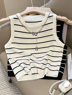 Zingj Summer Striped Knitted Sleeveless Top High Waist Navel Short Vest T-shirt Tops Tank Top Tops for Women White Corset Top Knitted Sleeveless Top, Striped Vest, White Corset Top, Striped Vests, White Corset, Tank Top Camisole, Sleeveless Tank Top