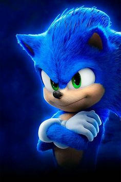 sonic the hedgehog is looking at something with green eyes and big ears, in front of a blue background