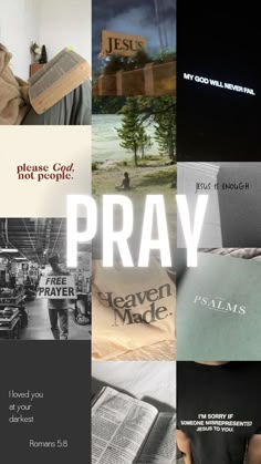 the collage shows many different types of logos and words, including one that says pray