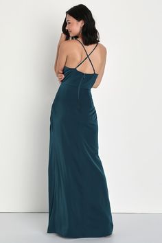 A wow-worthy look like Lulus Moments of Beauty Dark Teal Satin Cowl Neck Tulip Maxi Dress is ready to make everyone stop and stare! Sleek woven satin shapes this gorgeous dress that features a sleeveless bodice, a cowl neckline, and adjustable spaghetti straps that crisscross at the back. The fitted waist tops a gathered, figure-skimming, tulip-style skirt that finishes at a sophisticated maxi hem. Hidden back zipper/clasp. Fit: This garment fits true to size. Length: Floor length. Size medium measures 55" from top to bottom. Bust: Great for any cup size. Waist: Fitted - very fitted at natural waist. Hip: Loosely Fitted. Undergarments: May be worn with a strapless bra, adhesive bra, petals, or no bra. Fabric: Fabric has no stretch. Lined. Shell: 100% Polyester. Lining: 100% Polyester. Hand Fitted Satin Finish Maxi Evening Dress, Satin Finish Fitted Maxi Evening Dress, Fitted Satin Maxi Dress With Sweep Train, Formal Satin Maxi Dress With Ruched Bodice, Satin Finish Maxi Dress For Gala, Sleek Satin Dresses With Sweep Train, Gala Satin Maxi Dress With Sweep Train, Satin Maxi Dress With Sweep Train, Satin Finish Maxi Dress With Fitted Bodice