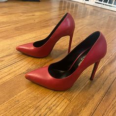 Red Leather Saint Laurent Pointed-Toe Pumps With Tonal Stitching And Covered Heels. Saint Laurent Shoes, Leather Pumps, Red Leather, Shoes Women Heels, Saint Laurent, Shoes Heels, Stitching, Pumps, Size 6