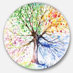 a watercolor painting of a tree with multi - colored leaves on it's branches