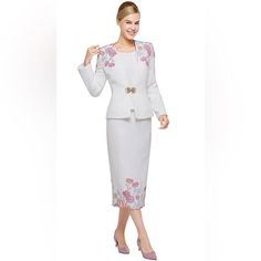 The Nina Massini Church Suit Is The Perfect Three-Piece Look For Formal Events. This Classic Skirt Suit Features A Beautiful Flower Pattern, With A Collarless Jacket, Cami And Rhinestone Clasp For Sophisticated Style. Its Timeless Look Is Sure To Turn Heads. Fitted White Skirt Suit, Feminine Fitted Skirt Suit For Spring, Feminine Fitted White Sets, White Feminine Fitted Sets, Tailored White Sets For Spring, White Tailored Sets For Spring, Tailored White Skirt Suit For Wedding, Sheriff Costume, Woody Costume