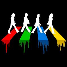 the silhouettes of people walking across a crosswalk painted in rainbow colors on a black background