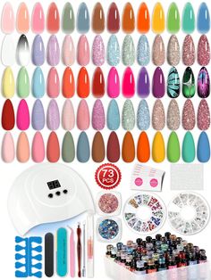 ALL-IN-ONE Gel Nail Kit: LAVENDER VIOLETS gel nail polish kit with U V light includes everything you need for stunning nails at home. This gel nail kit features 45 vibrant gel polish colors, a base coat, glossy top coat, matte top coat, and nail primer. You'll also find essential tools like a cuticle oil pen, cuticle pusher, trimmer, tweezer, nail buffer, nail file, LED nail lamp, nail decal stickers, remover foil wraps, and rhinestones. This comprehensive gel manicure kit with U V light is perf Foil Wraps, Gel Nail Set, Cuticle Oil Pen, Kit Manicure, Nail Polish Kit, Nail Primer, Stunning Nails, Oil Pen, Nail Art Salon