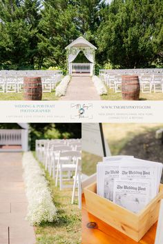 an outdoor ceremony set up with white chairs and wooden barrels for the aisle to be placed in