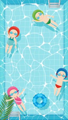 three children swimming in a pool with blue water