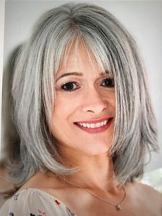 Bangs Grey Hair, Grey Hair With Bangs, Grey Blonde Hair, Tan Skin Blonde Hair, Grey Hair Transformation, Short Silver Hair, Grey Hair Inspiration, Bangs Long, Hacks Beauty