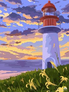 a painting of a lighthouse in the middle of grass and water with clouds above it