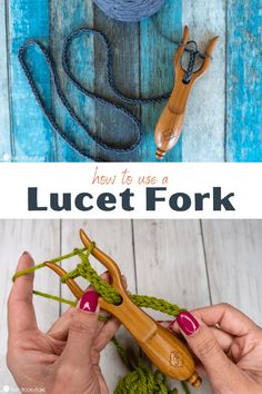 two photos with the words how to use lucet fork on them and someone crocheting