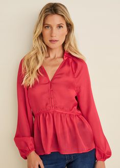 HIGH-LOW BLOUSE in Red | VENUS Feminine Party Blouse With Ruffle Hem, Chic Ruffle Hem Blouse For Night Out, Elegant Peplum Blouse For Fall, Elegant Top With Ruffle Hem For Date Night, Elegant Peplum Top For Date Night, Elegant Flowy Top For Date Night, Chic Long Sleeve Peplum Top For Brunch, Fall Elegant V-neck Peplum Top, Elegant V-neck Peplum Top For Fall