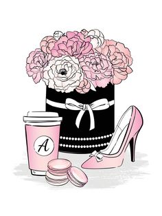 a pink high heeled shoe next to a cup of coffee and flowers on a white background