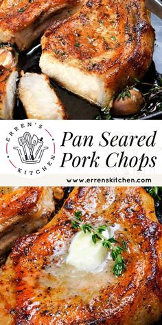 pan seared pork chops with parmesan cheese and herbs on the side