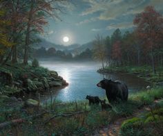 a painting of two bears by a lake at night with the moon in the sky