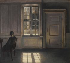 a painting of a woman sitting at a table in front of a window with the sun shining through