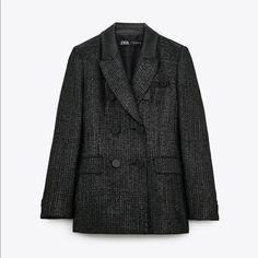 Zara Tweed Textured Weave Metallic Thread Blazer W/ Leather Collar & Buttons Black New Brand New With Tags. Tweed Texture, Zara Tweed, Leather Collar, Zara Jackets, Metallic Thread, Zara Black, Blazer Suit, New Black, Black Silver