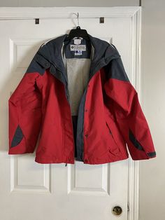 womens columbia waterproof jacket, Omni Shade, Color Red.. Good condition there are some small stains. Functional Red Hooded Jacket For Outdoor Activities, Functional Red Outerwear For Hiking, Red Waterproof Outerwear For Outdoor Activities, Red Winter Sport Coat For Outdoor, Red Weatherproof Outerwear For Outdoor Activities, Red Waterproof Outerwear For Hiking, Red Weatherproof Outdoor Outerwear, Red Winter Skiing Outerwear, Casual Red Skiing Outerwear