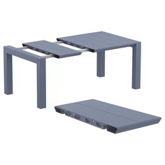 two tables that are sitting next to each other on a white background, one is grey and the other is black