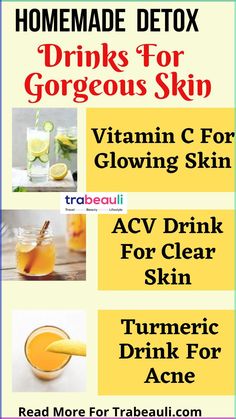 Natural skin and body detoxify are the best ways to get glowing and clear skin. Know about how to detoxify skin at home with a drink and mask. Kurthi Design, Glowing Skin Diet, Food For Glowing Skin, Homemade Detox Drinks, Homemade Detox, Skin Detox, Gorgeous Skin, Clearer Skin, Vitamins For Skin