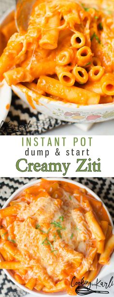 instant pot dump and start creamy ziti recipe in a casserole dish with cheese