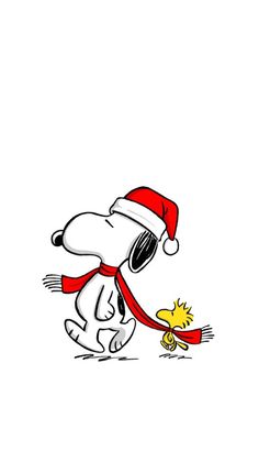 a cartoon dog wearing a santa hat and scarf chasing a yellow bird with its mouth open