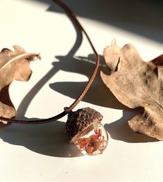 real oak acorn shell and resin necklace, nature jewel.  The oak symbolizes strength, power and longevity. It is also a link between heaven and earth. Its fruits, the acorns are the symbol of the latent strength of the tree.  This necklace is made of a natural oak acorn shell and an acorn made of resin in which I incorporated pieces of oak leaves as well as copper foil to give it an autumnal color and beautiful coppery reflections.  Each piece of jewelry is handcrafted and is therefore unique, like the elements of nature embedded in it. Wearing one of these jewels is to immortalize a bit of nature and keep it with you.  * DESCRIPTION:  o Model: real oak acorn shell and resin necklace  o Dimension: 45cm length cord + 5cm extension chain.  o Materials:     - resin     - nylon cord     - brass Acorn Resin Necklace, Spiritual Natural Color Necklaces As Gift, Nature-inspired Natural Color Jewelry As A Gift, Spiritual Necklace With Natural Inclusions Adjustable, Natural Color Pendant Jewelry Gift, Nature-inspired Jewelry As A Gift With Natural Variations, Handmade Resin Jewelry Nature-inspired, Nature-inspired Brown Jewelry For Jewelry Making, Adjustable Jewelry With Natural Variations As Gift