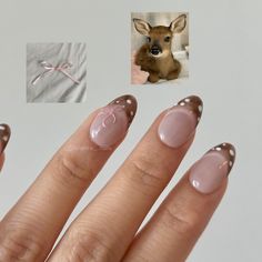 Coquette Fawn Baby Deer Bow French Tip Press-On Nails | Free Shipping With Tracking Included! | Kira Kira Nails Reindeer Nails Easy, Ornaments Nails Design, French Tip Nails With Pink Design, Press On Nails For Small Hands, Gel Nails For Thanksgiving, Brown And Pink Christmas Nails, Nail Gel Christmas, Delicate French Tip Nails, Christmas Berry Nails