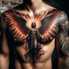 a man with an angel tattoo on his chest