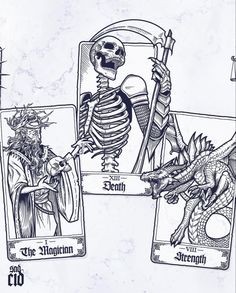 three tarotrosh cards with skeletons holding swords and skulls on them, all in black and white