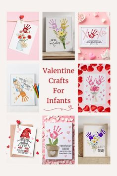 valentine crafts for infants with handprints and hearts on the bottom, flowers in vase