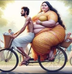 a man riding on the back of a bike next to a woman in a yellow dress