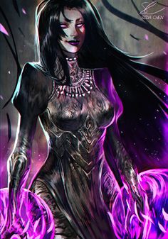 a drawing of a woman with long black hair and purple eyes, in front of a dark background