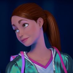 the animated character is wearing a green and pink shirt with her hair in pigtails