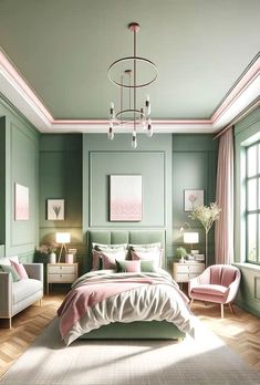 a bedroom with green walls and pink accents