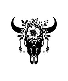 a black and white cow skull with flowers on it