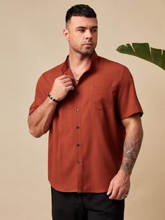 Burnt Orange Casual Collar Short Sleeve Woven Fabric Plain Shirt Embellished Slight Stretch  Men Plus Size Clothing Terracotta Outfit Men, Orange Shirt Outfit Men, Burnt Orange Outfit, Orange Shirt Outfit, Burnt Orange Shirt, Yellow Shirt Men, Silk Shirt Outfit, Classic Work Outfits, Mens Dress Outfits