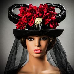 Fancy Dress-Up Party Costume Cosplay Top Hat Accessory For Women Vintage, Gothic Victorian Style Comes With Steampunk Goggles. Beautiful Red Rose Flowers On The Front Of The Hat Beast Theme Crow Skull Skeleton Devil Them With The Demon Sheep Krampus Horns Victorian Novelty Style: Black Elegant And Sexy Long Lace On The Back Internal Dimension: 7" Wide X 8" Long X 5.5" Tall Usm-Hat096-Bkrd Steampunk Headpiece For Halloween Cosplay, Fitted Fantasy Costume Hats For Themed Events, Gothic Black Skull Costume Accessories, Black Gothic Skull Costume Accessories, Fitted Themed Mini Hats For Halloween, Themed Fitted Mini Hats For Halloween, Steampunk Headpiece For Halloween Costume, Gothic Hats For Costume Party, Gothic Hat For Halloween And Alternative Fashion