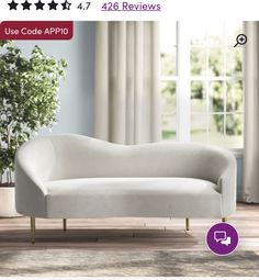 a white couch sitting on top of a wooden floor next to a potted plant