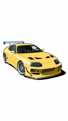 a drawing of a yellow sports car on a white background with the hood down and lights on