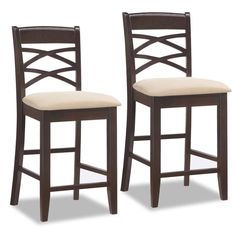 two wooden barstools with beige upholstered seat cushions on each one side