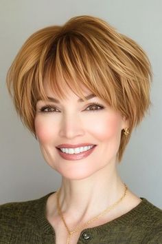 Save this pin for the best short layered haircuts with bangs. This golden-hued hairstyle puts a modern spin on the classic mushroom cut. The short layered back and sides create a sleek shape, while the full bangs complete the soft, rounded look. Stacked Haircuts With Bangs, Beautiful Short Haircuts, Easy Haircuts, Mushroom Cut, Short Haircuts Ideas, Grey Hair Journey, Shag Hair