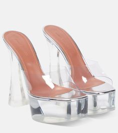 Clear Heel Shoes, Amina Muaddi Shoes, Platform Mules, Designer Pumps, Boot Jewelry, Satin Heels, Amina Muaddi, Clear Heels, Evening Shoes