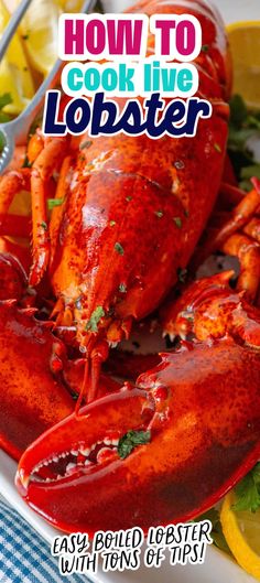 lobsters on a plate with lemon wedges and garnish in the background