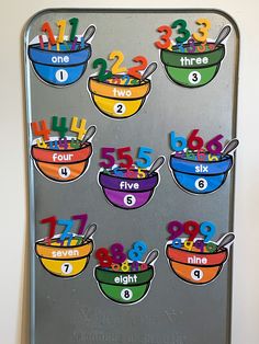 a metal tray with numbers and bowls on it