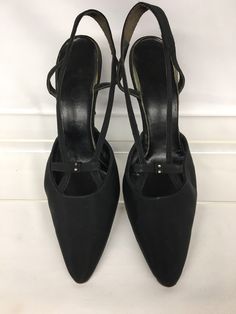 "1960s Black Faille Pointy Toe Strappy Vintage Heels with Bow /Rhinestone accent by Qualicraft American made Tag/Label: QualiCraft Size Label: none Upper Material: Black faille over leather Sole: Painted leather ✂------ M E A S U R E M E N T S ------- Best Fit: US 6.5, EU 36.5, UK 4.5 Insole total Length: 9 3/8\" (including point) Ball Width: 3\" Heel height: 3 1/2\" Please compare these measurements with a pair of your own shoes in a similar style (i.e. pointy) to ensure a proper fit. If you ne Retro Ankle Strap Heels For Formal Occasions, Retro Fitted Heels For Evening, Retro Heels For Evening, Heels Bow, High Neck Lace Dress, Shoe Chart, Vintage Heels, Modern Shoes, Womens Pumps